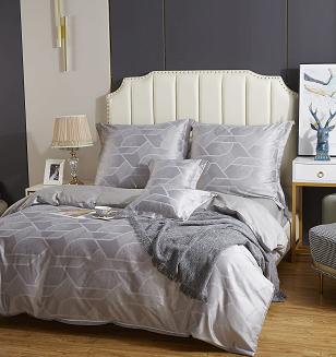 Pościel atłasowa z haftem 160x200 ekskluzywna srebrna geometryczny wzór