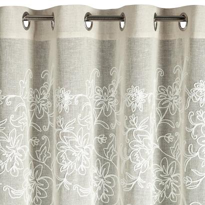 Zasłona gotowa na przelotkach LILY 140x250 Eurofirany beżowa eko z szenilowym haftem w kwiaty
