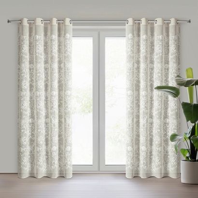 Zasłona gotowa na przelotkach LILY 140x250 Eurofirany beżowa eko z szenilowym haftem w kwiaty