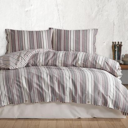 Pościel bawełniana RUNE 140x200 NATURAL biała fioletowa szara paski drewniane guziki