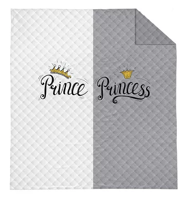Narzuta dekoracyjna  Prince Princess 170x210 szara biała napisy pikowana