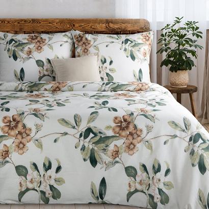 Pościel bawełniana NIKOLA 220x200 Eurofirany biała zielona jasnobrązowa kwitnące gałązki kwiaty