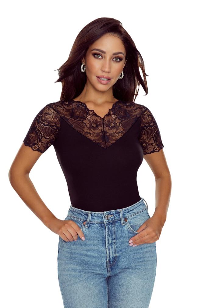 Bluzka damska z krótkim rękawem i koronkowym akcentem Firella czarna