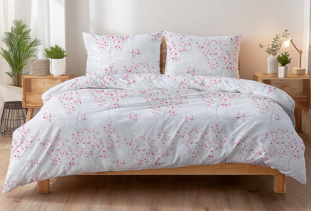 Pościel z kory 160x200 szara różowa kwiat wiśni sakura