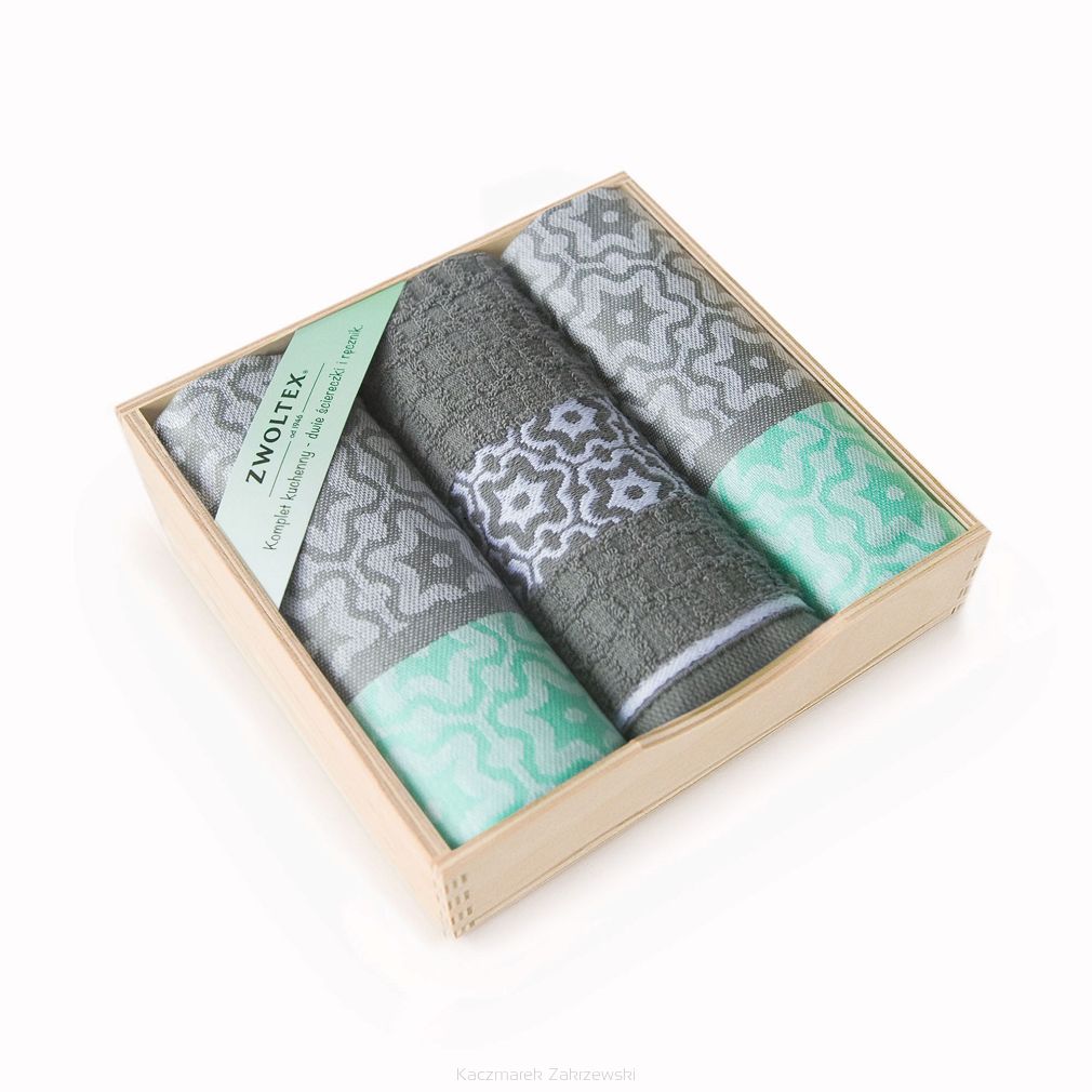 Komplet ścierek 2+1 ZWOLTEX w drewnianym pudełku wzór MARSALA zielony