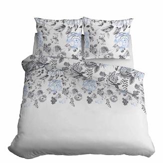 Pościel bawełniana 160x200 Detexpol biała w liście i niebieskie kwiaty