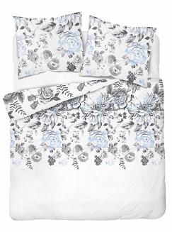 Pościel bawełniana 160x200 Detexpol biała w liście i niebieskie kwiaty