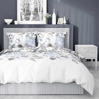 Pościel bawełniana 160x200 Detexpol biała w liście i niebieskie kwiaty