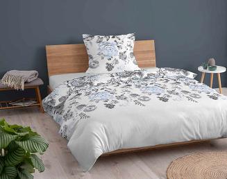 Pościel bawełniana 160x200 Detexpol biała w liście i niebieskie kwiaty