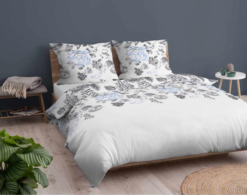 Pościel bawełniana 160x200 Detexpol biała w liście i niebieskie kwiaty