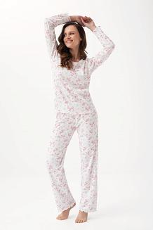 Piżama damska LUNA kod 691 ecru prążki różyczki niebieskie kwiatki