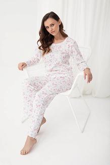 Piżama damska LUNA kod 691 ecru prążki różyczki niebieskie kwiatki