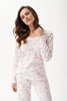 Piżama damska LUNA kod 691  ecru prążki różyczki niebieskie kwiatki