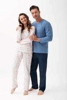 Piżama damska LUNA kod 691 ecru prążki różyczki niebieskie kwiatki