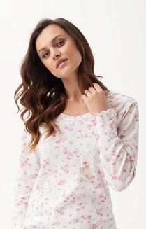 Piżama damska LUNA kod 691  ecru prążki różyczki niebieskie kwiatki