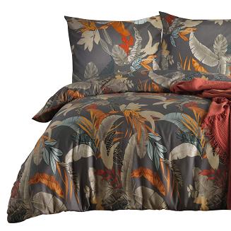 Pościel satyna bawełniana BOLERO 200x220 ciemnoszara w kolorowe egzotyczne liście