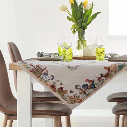 Obrus dekoracyjny gobelin 100x100 Eurofirany naturalny brązowy żółty kogut kwoka i kurczęta