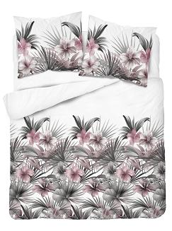 Pościel satynowa 160x200 Detexpol biała szara pudrowa kwiaty hibiskusa