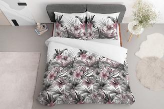 Pościel satynowa 160x200 Detexpol biała szara pudrowa kwiaty hibiskusa