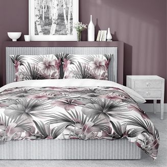 Pościel satynowa 160x200 Detexpol biała szara pudrowa kwiaty hibiskusa