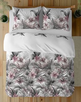 Pościel satynowa 160x200 Detexpol biała szara pudrowa kwiaty hibiskusa