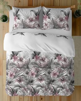 Pościel satynowa 160x200 Detexpol biała szara pudrowa kwiaty hibiskusa