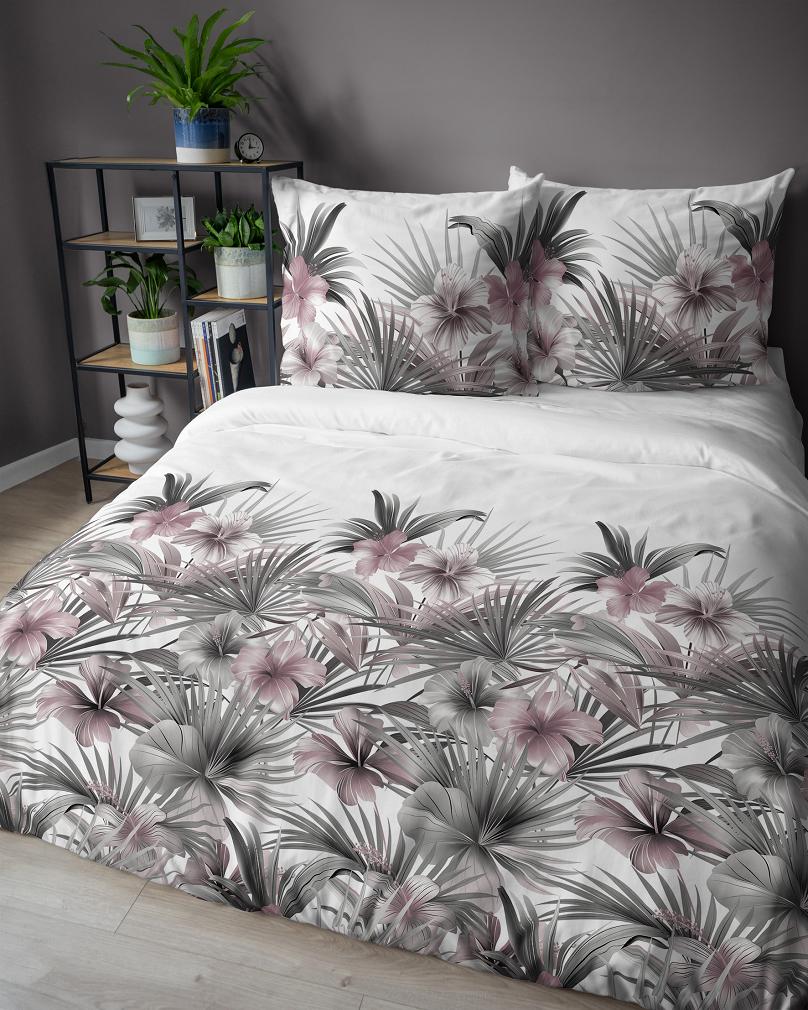 Pościel satynowa 160x200 Detexpol biała szara pudrowa kwiaty hibiskusa