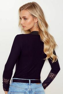 Prążkowana koszulka damska z guzikami Jesenia czarna