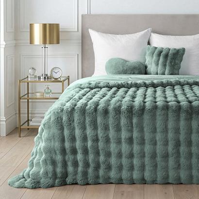 Koc narzuta dekoracyjna LILY 200x220 szałwiowy futrzany i puszysty z efektem 3D