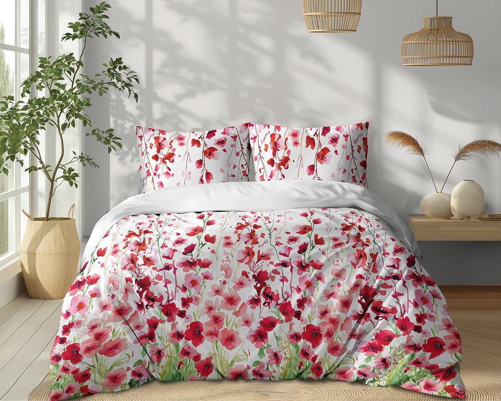 Pościel bawełniana 180x200 Detexpol biała czerwone różowe ostróżki