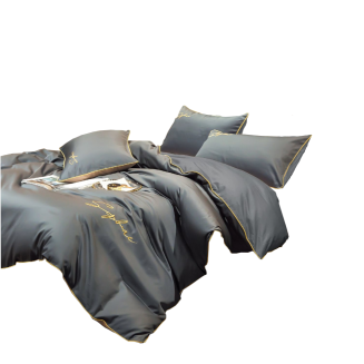 Pościel 160x200 stalowa złoty haft satynowa lamówka