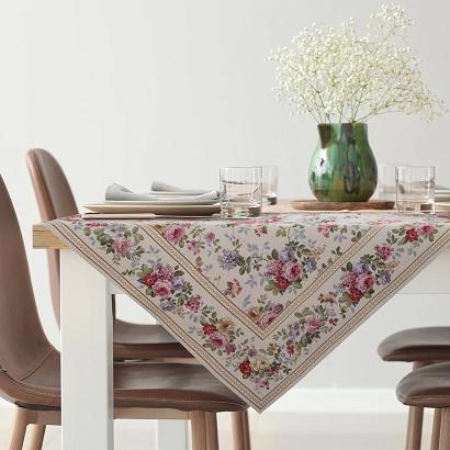 Obrus dekoracyjny gobelin 100x100 Eurofirany naturalny różowy ogrodowe kwiaty