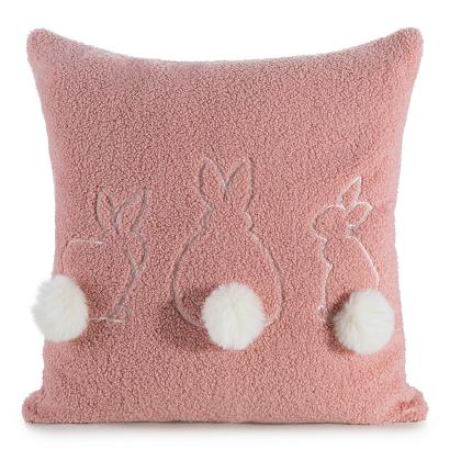 Poszewka dekoracyjna WIOSNA 45x45 Eurofirany różowa pudrowa biała haftowane zające pompony