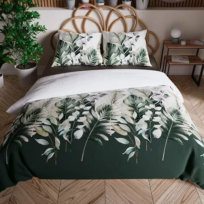 Komplet pościeli LEAFY z bawełny satynowej 220x200 biała zielona duże liście