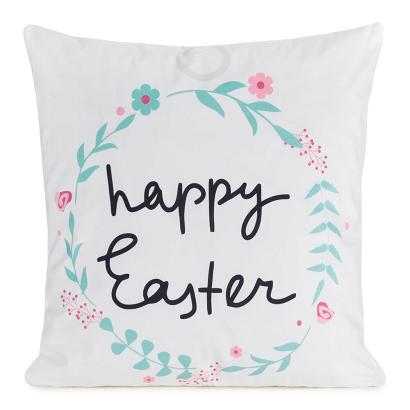 Poszewka dekoracyjna WIOSNA 45x45 Eurofirany biała niebieska pastelowy wieniec z kwiatów i liści