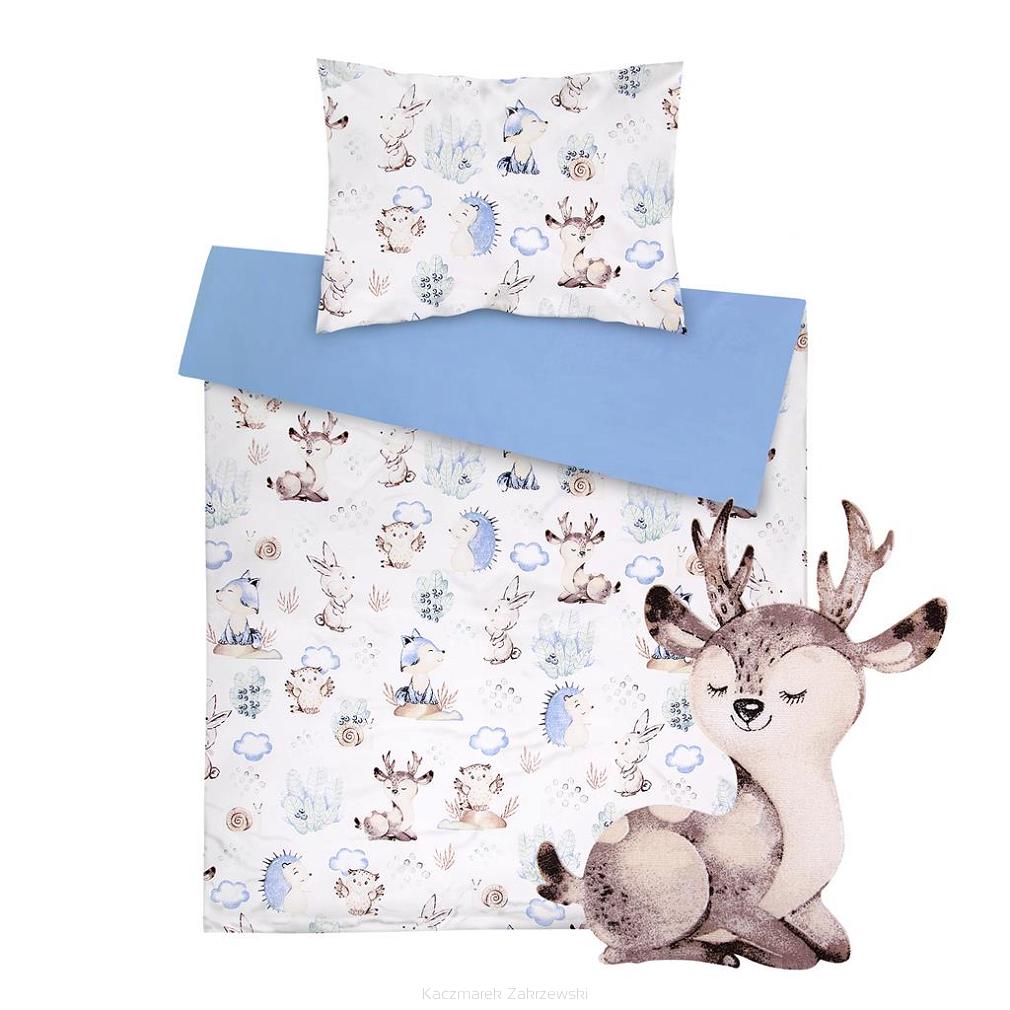 Pościel bawełniana 100x135 biała niebieska jelonki