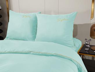 Pościel 160x200 miętowa złoty haft satynowa lamówka