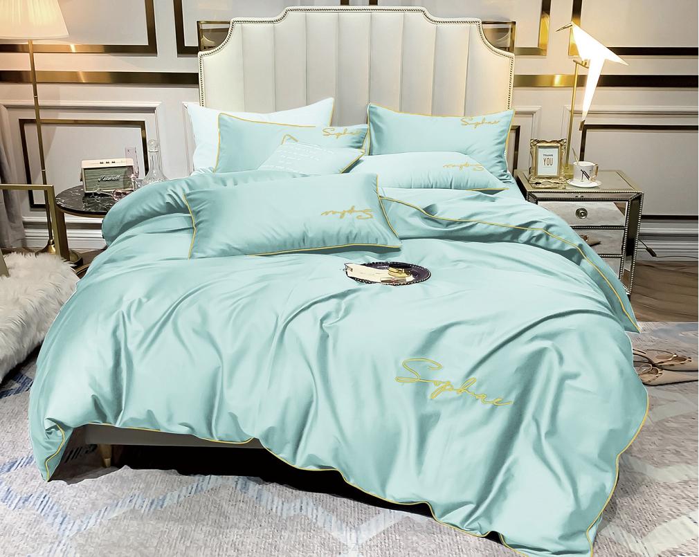 Pościel 160x200 miętowa złoty haft satynowa lamówka