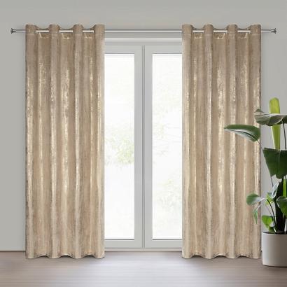 Zasłona gotowa na przelotkach RENIA 140x250 Eurofirany beżowa welwetowa z błyszczącym nadrukiem