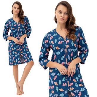 Szlafrok damski LUNA kod 392 ciemnoniebieski w kolorowe liście miłorzębu