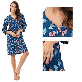 Szlafrok damski LUNA kod 392 ciemnoniebieski w kolorowe liście miłorzębu