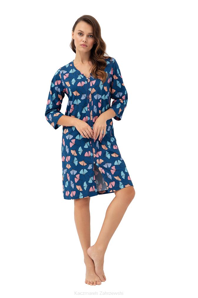 Szlafrok damski LUNA kod 392 ciemnoniebieski w kolorowe liście miłorzębu