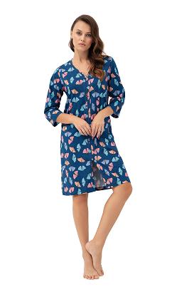 Szlafrok damski LUNA kod 392 ciemnoniebieski w kolorowe liście miłorzębu