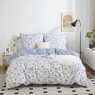 Pościel satyna bawełniana 140x200 kremowa niebieska delikatne kwiaty liście