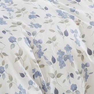 Pościel satyna bawełniana 140x200 kremowa niebieska delikatne kwiaty liście