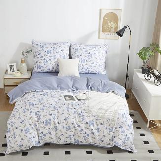 Pościel satyna bawełniana 140x200 kremowa niebieska delikatne kwiaty liście