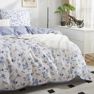 Pościel satyna bawełniana 140x200 kremowa niebieska delikatne kwiaty liście