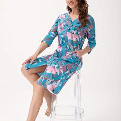 Szlafrok damski LUNA kod 392 turkusowy w różowe kwiaty