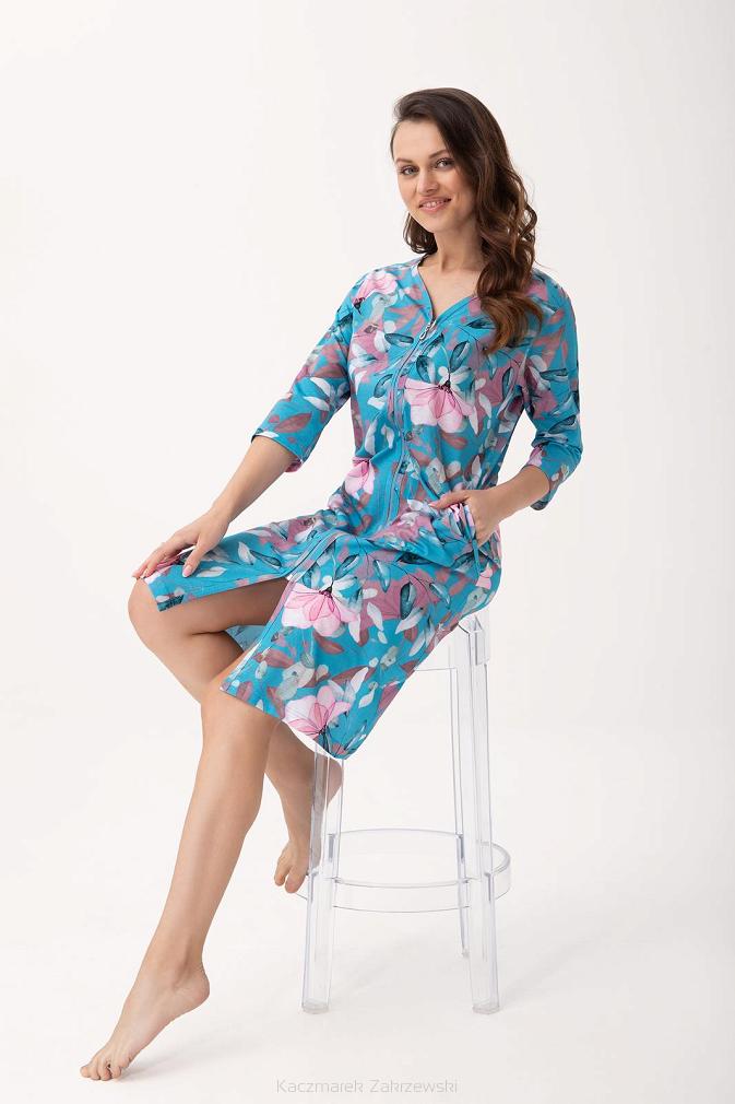 Szlafrok damski LUNA kod 392 turkusowy w różowe kwiaty