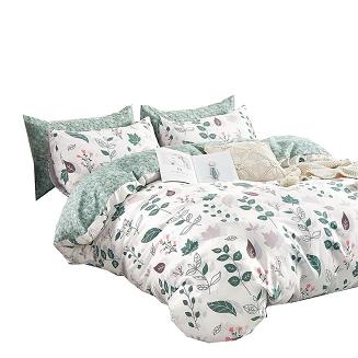 Pościel satynowa 200x220 biała zielona leśne zioła + liście